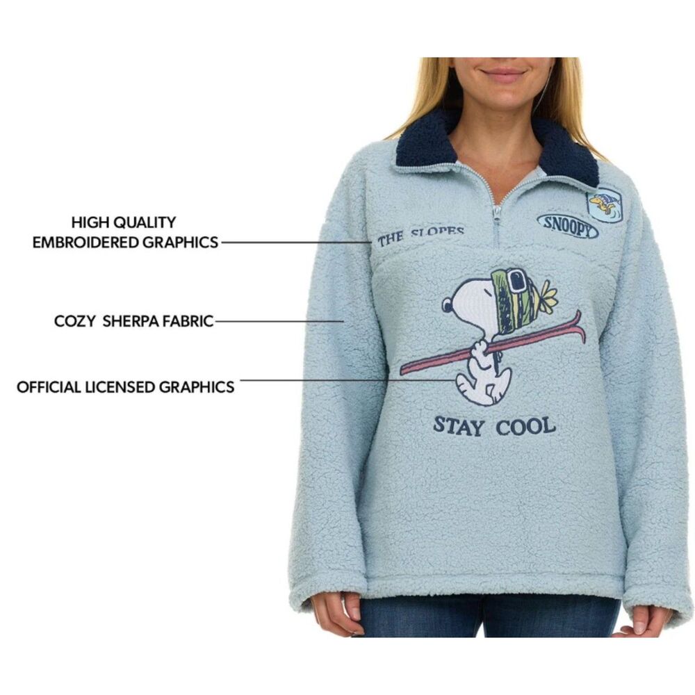 NEW Light Blue Sz XXL Embroidered SNOOPY Soft Sherpa Fleece Cozy Sweater PEANUTS - Picture 4 of 10